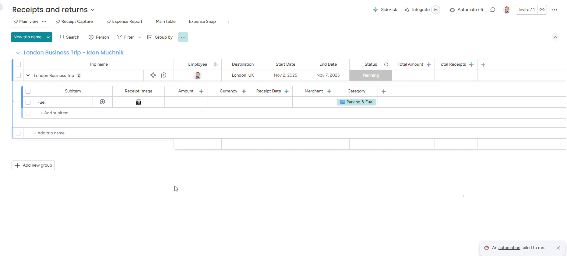travely receipts and returns board